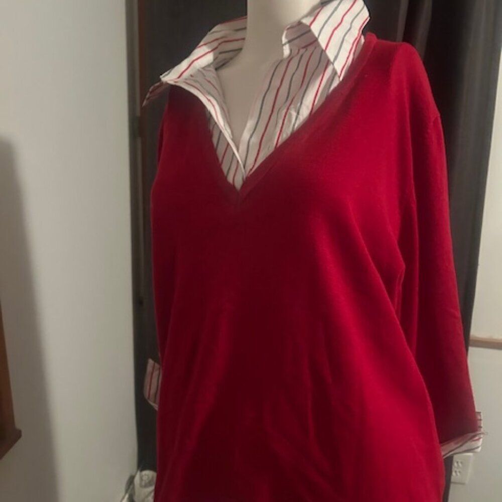 Notations Woman Red V-neck sweater with attached stripe blouse, size 2X